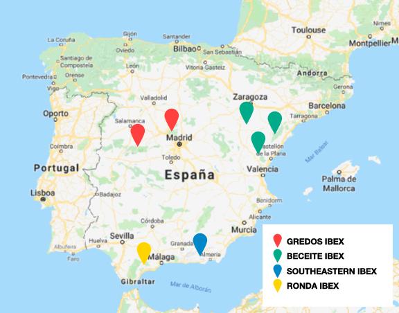 Map of Becite Ibex hunting locations in Spain