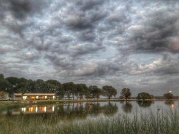 Lodge exterior at night